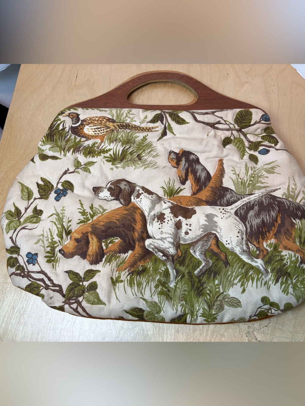 Vintage Puppy Dog Tapestry Tote Handbag Shoulder Carpet Bag Purse Wooden Handles